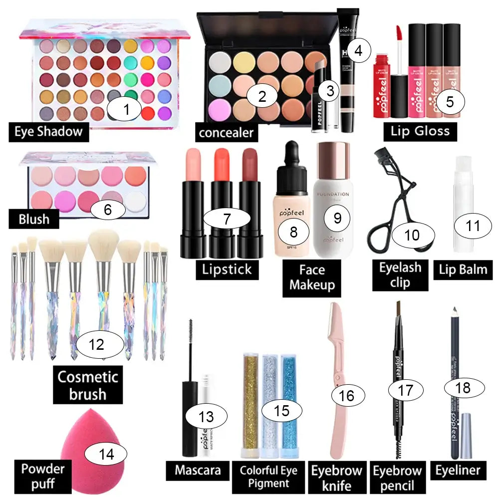 POPFEEL All-in-One Makeup Kit for Women: Complete Set Featuring Eyebrow Pencil, Eyeliner, and Eyeshadow
